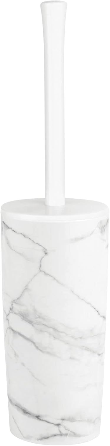 mDesign Slim Plastic Toilet Bowl Brush and Holder Set. Modern Compact Storage Organizer Cleaner Scrubber for Toilet - Heavy Duty Cleaning Plunger for Bathroom. Aura Collection - Marble