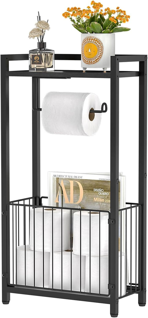 Freestanding Toilet Paper Holder with Storage Shelf ¨C Bathroom Tissue Stand with Space for Phone. Tablet. and Magazines ¨C All-in-One Toilet Roll Dispenser and Organizer