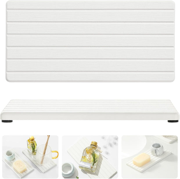 2PCS Water Absorbing Stone Drying Tray Mat For Bathroom Sink & Kitchen Counter Faucet Organizer Decor. Quick Dry Dish Soap Dispenser Sponge Holder. Vanity Sink Caddy Bar Coaster.White-8*3.8