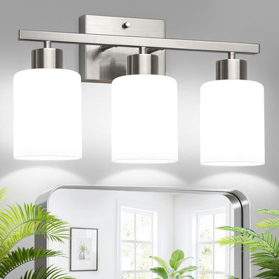Brushed Nickel Bathroom Light Fixtures with Milk Glass Shades. Eye-Friendly 3 Light Vanity Lights for Bathroom. Vanity Lights with E26 Socket (Bulbs Not Included). for Mirror. Bedroom. Hallway