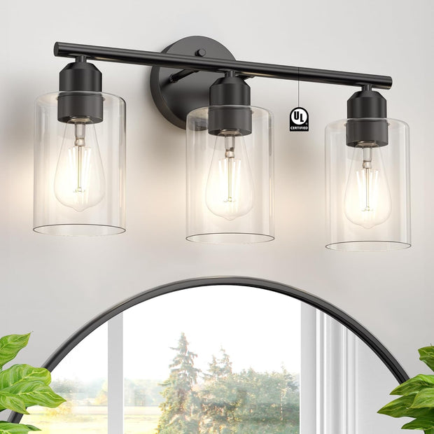 Espird Bathroom Vanity Light Fixtures Matte Black Bathroom Lighting Fixture. 3 Lights Bathroom Light Fixture Over Mirror. Modern Black Vanity Light. UL Certified Wall Sconces with Glass Shades
