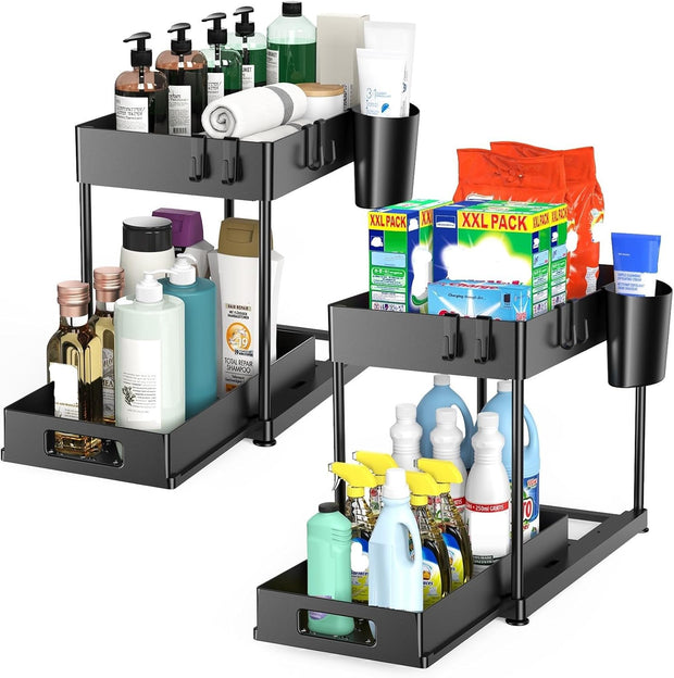 Under Sink Organizers and Storage. 2 Pack Large Capacity Heavy Load Pull-out Under Sink Shelves with Sliding Drawer for Kitchen and Bathroom. Black. 12 x 8.7 x 15.7 inch