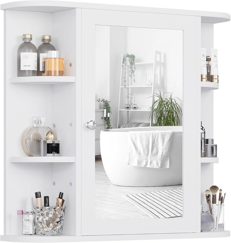 Shintenchi Bathroom Wall Cabinet with Mirror. Mounted Medicine Cabinets with 4 Internal and 6 Open Shelves. Mirrored Door Over The Toilet Storage. Solid White
