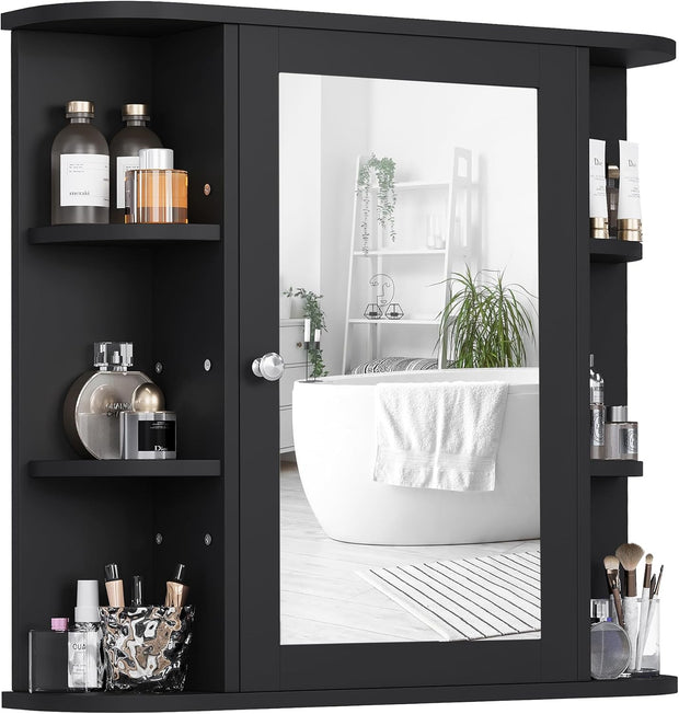 Shintenchi Bathroom Wall Cabinet with Mirror. Mounted Medicine Cabinets with 4 Internal and 6 Open Shelves. Mirrored Door Over The Toilet Storage. Solid White