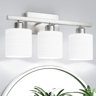 PARTPHONER Classic Vanity Lights. Modern Bathroom Vanity Light with Textured Frosted Opal White Glass Shades. Brushed Nickel. 3-Light