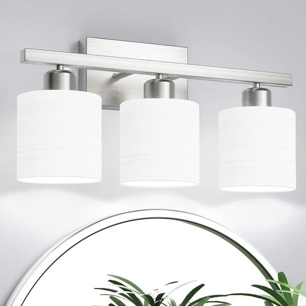 PARTPHONER Classic Vanity Lights. Modern Bathroom Vanity Light with Textured Frosted Opal White Glass Shades. Brushed Nickel. 3-Light
