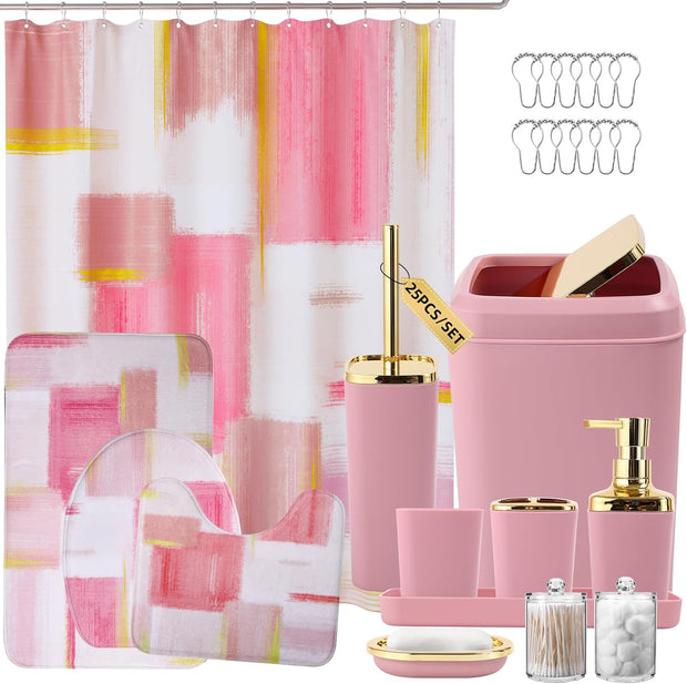 Bathroom Set - Pink and Gold Bathroom Accessories Set. Bathroom Sets with Shower Curtain and Rugs. Pink Shower Curtain Set with Bathroom Trash Can. Soap Dispenser. Soap Dish for Home Decor