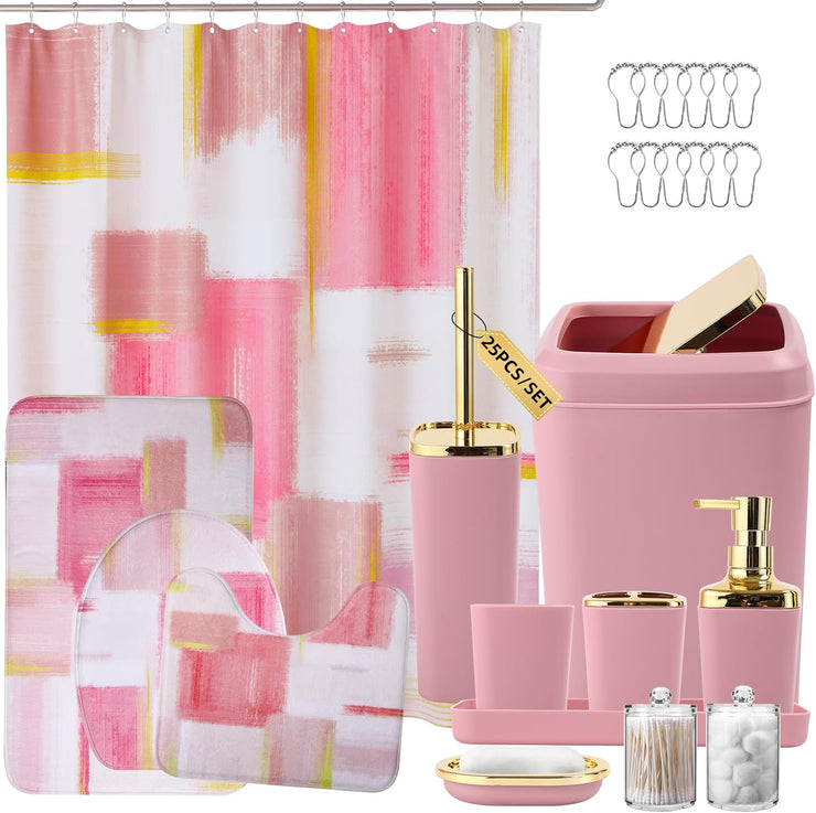 Bathroom Set - Pink and Gold Bathroom Accessories Set. Bathroom Sets with Shower Curtain and Rugs. Pink Shower Curtain Set with Bathroom Trash Can. Soap Dispenser. Soap Dish for Home Decor