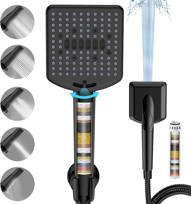 Filtered Shower Head with Handheld Matte Black - High Pressure 6 Modes. 120 Anti-clog Nozzles. Detachable Showerhead with Hard Water Filters. Extra Long 6ft Hose. Power Wash Mode for Bathroom