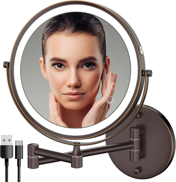 Rocollos Rechargeable Wall Mounted Lighted Makeup Mirror. 8 Inch Double-Sided LED Vanity Mirror 1X/10X Magnification.3 Color Lights Touch Screen Dimmable 360¡ãSwivel 13 Inch Extendable