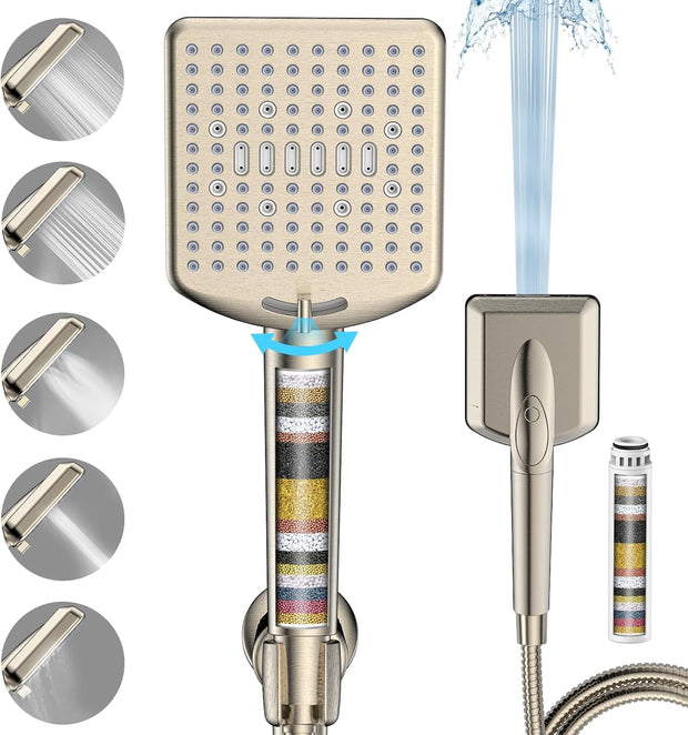 Filtered Shower Head with Handheld Matte Black - High Pressure 6 Modes. 120 Anti-clog Nozzles. Detachable Showerhead with Hard Water Filters. Extra Long 6ft Hose. Power Wash Mode for Bathroom