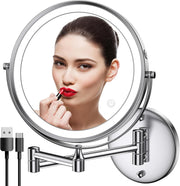 Rocollos Rechargeable Wall Mounted Lighted Makeup Mirror. 8 Inch Double-Sided LED Vanity Mirror 1X/10X Magnification.3 Color Lights Touch Screen Dimmable 360¡ãSwivel 13 Inch Extendable